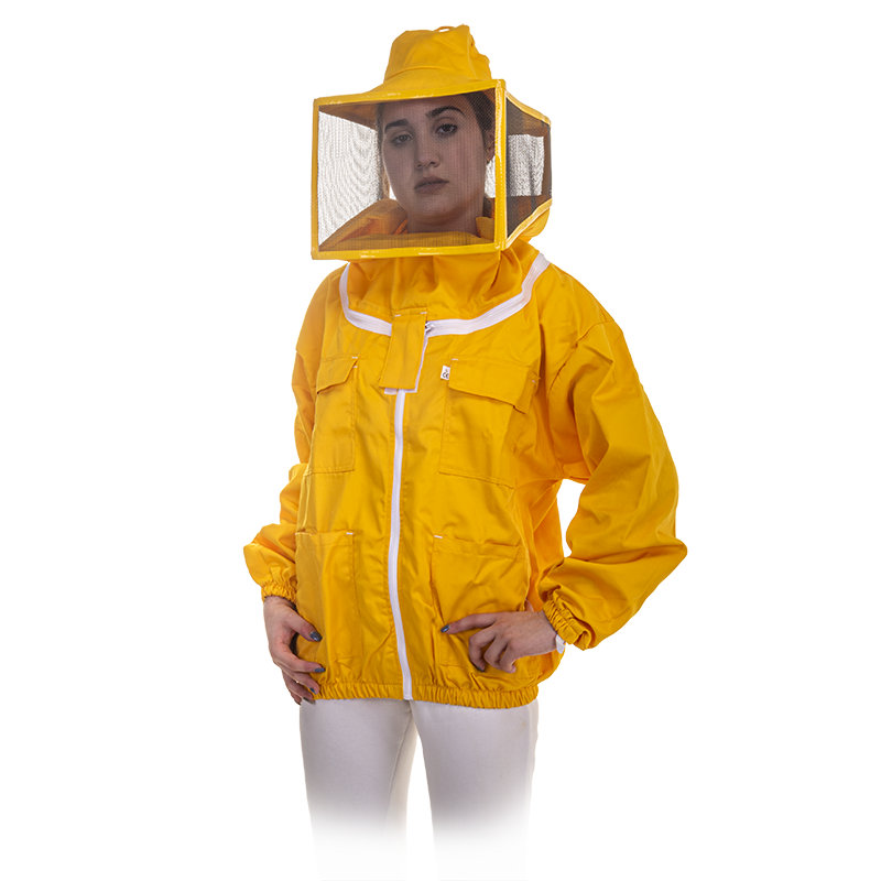 maschera camiciotto gialla quadrata, cappello staccabile, 4 tasche, elastico posi e cintura